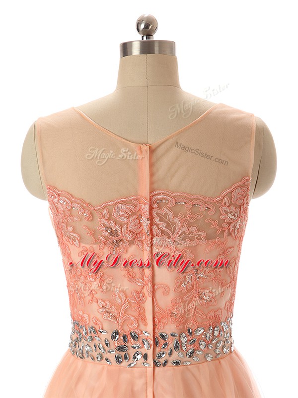 Peach Scoop Neckline Beading and Lace and Appliques Sleeveless Zipper