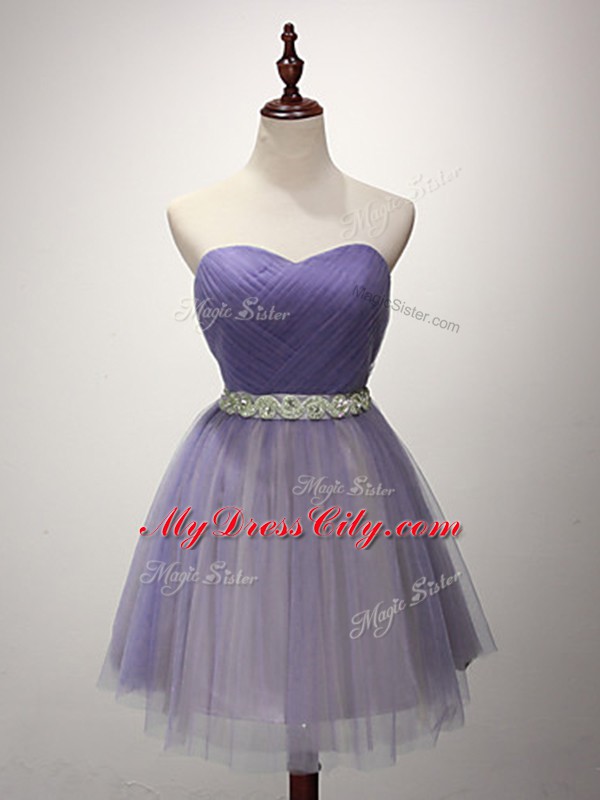 Mini Length Lace Up Vestidos de Damas Lavender for Prom and Party and Sweet 16 with Beading and Ruching