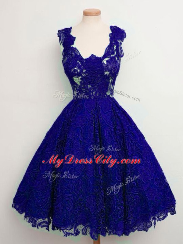 Blue Sleeveless Lace Knee Length Damas Dress