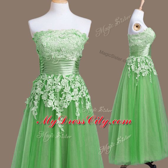 Custom Fit Green Empire Appliques Wedding Guest Dresses Lace Up Tulle Sleeveless Tea Length