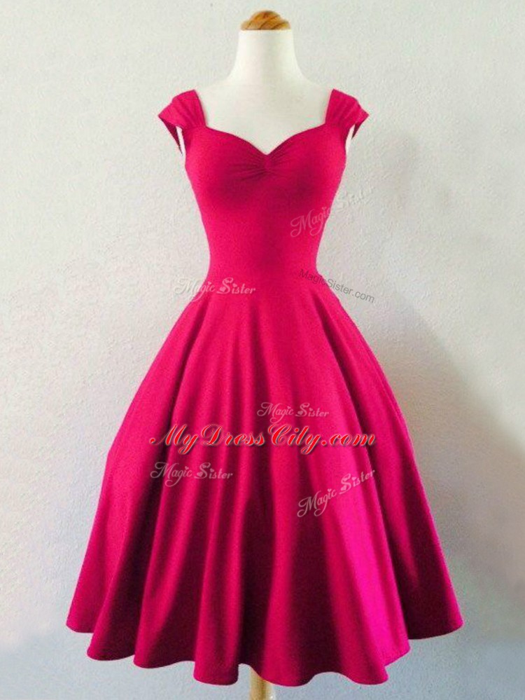 Hot Pink Lace Up Straps Ruching Bridesmaid Dress Taffeta Sleeveless