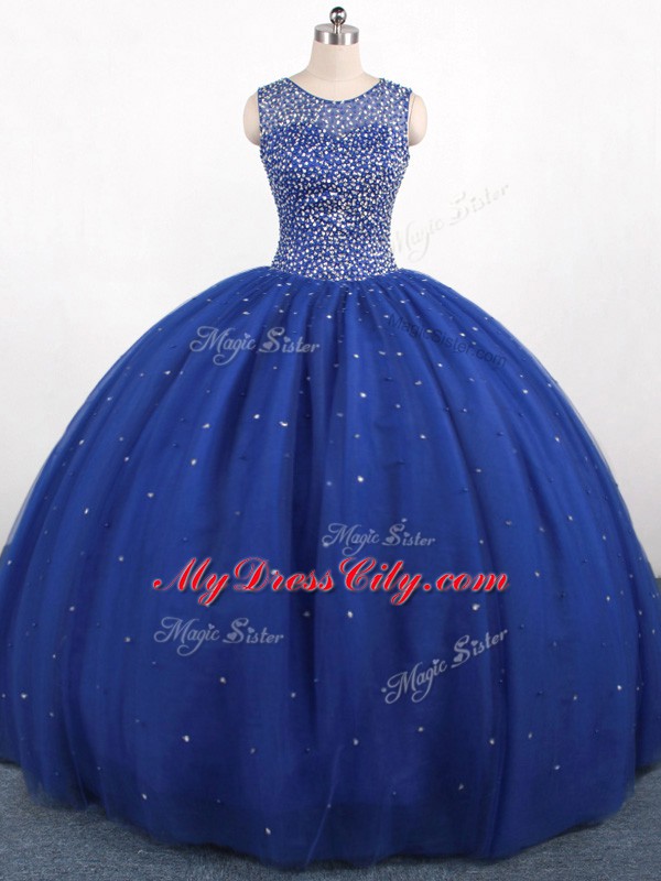 Trendy Royal Blue Ball Gowns Scoop Sleeveless Tulle Floor Length Zipper Beading Quinceanera Gown