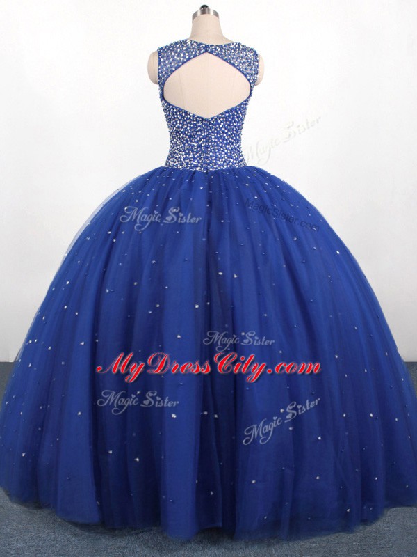 Trendy Royal Blue Ball Gowns Scoop Sleeveless Tulle Floor Length Zipper Beading Quinceanera Gown