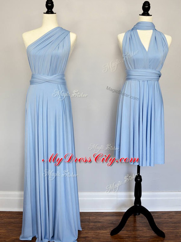 Discount Light Blue Empire Ruching Bridesmaid Gown Lace Up Chiffon Sleeveless Floor Length