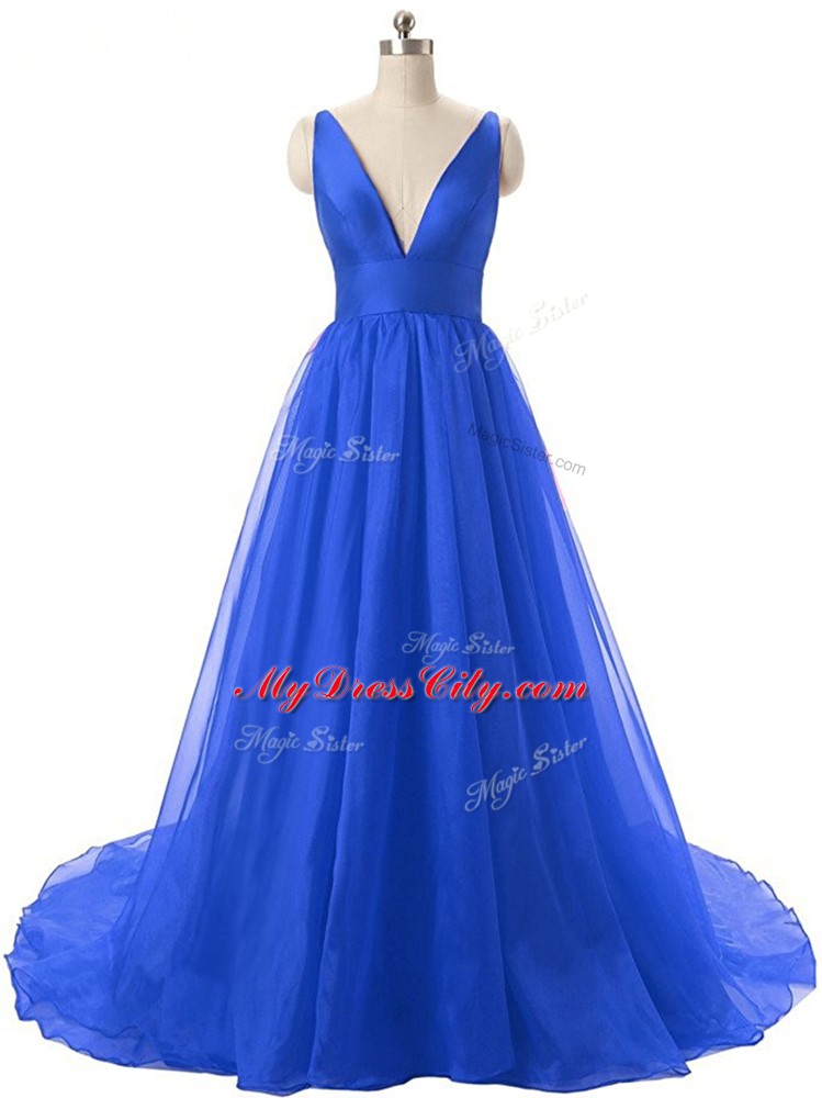 Custom Designed Royal Blue Backless V-neck Ruching Celeb Inspired Gowns Organza Sleeveless Brush Train