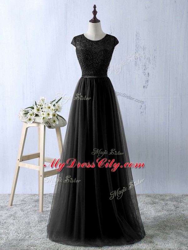 Black Empire Lace Zipper Tulle Sleeveless Floor Length