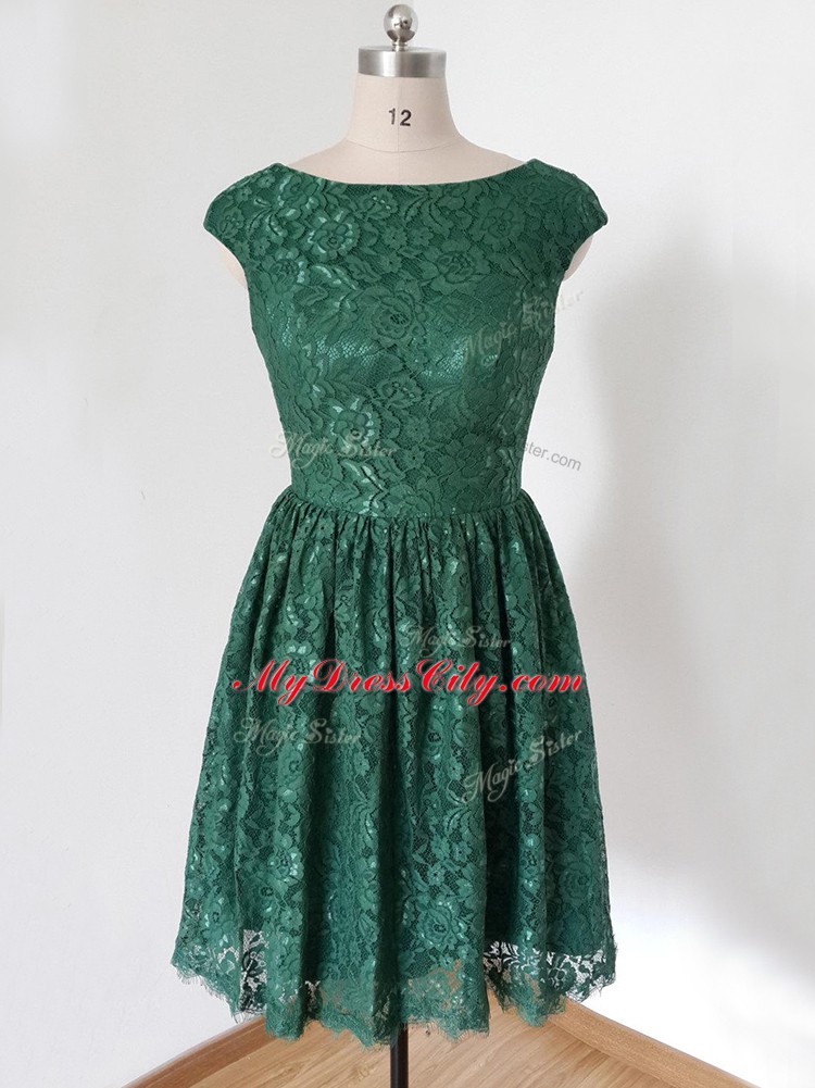 Lace Scoop Cap Sleeves Lace Up Lace Bridesmaid Dresses in Dark Green