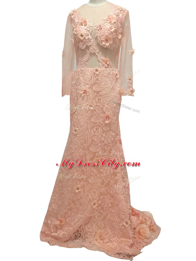 Amazing Peach Column/Sheath Beading and Hand Made Flower Mother of Bride Dresses Side Zipper Tulle Long Sleeves