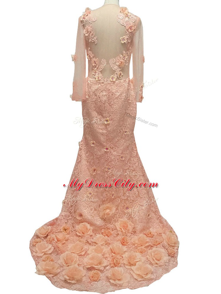 Amazing Peach Column/Sheath Beading and Hand Made Flower Mother of Bride Dresses Side Zipper Tulle Long Sleeves