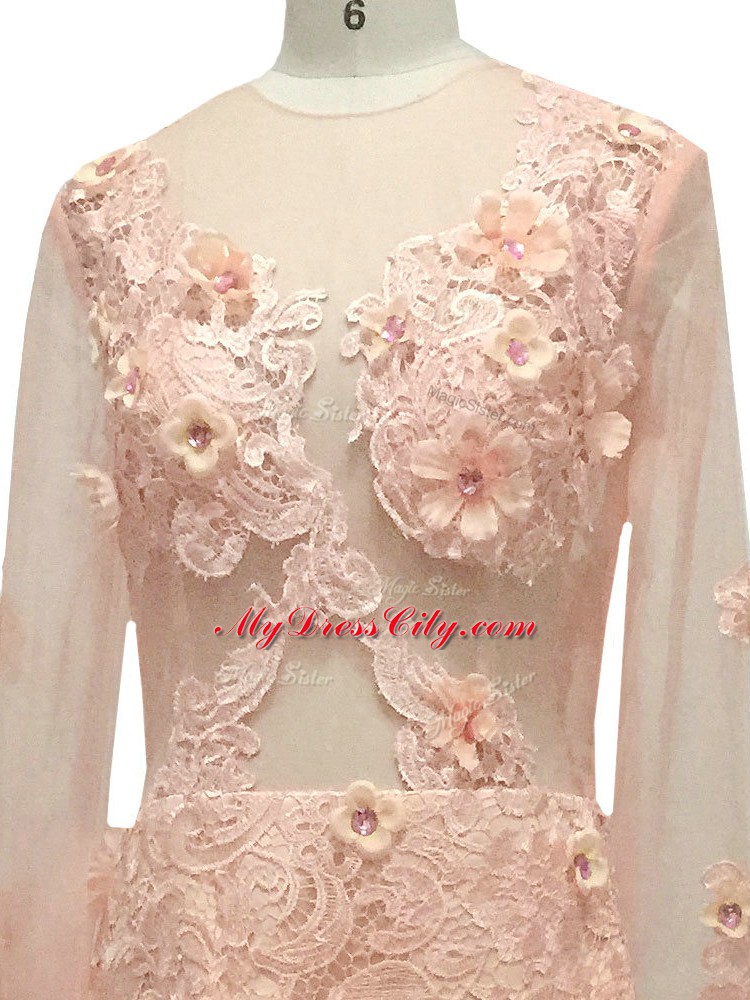 Amazing Peach Column/Sheath Beading and Hand Made Flower Mother of Bride Dresses Side Zipper Tulle Long Sleeves