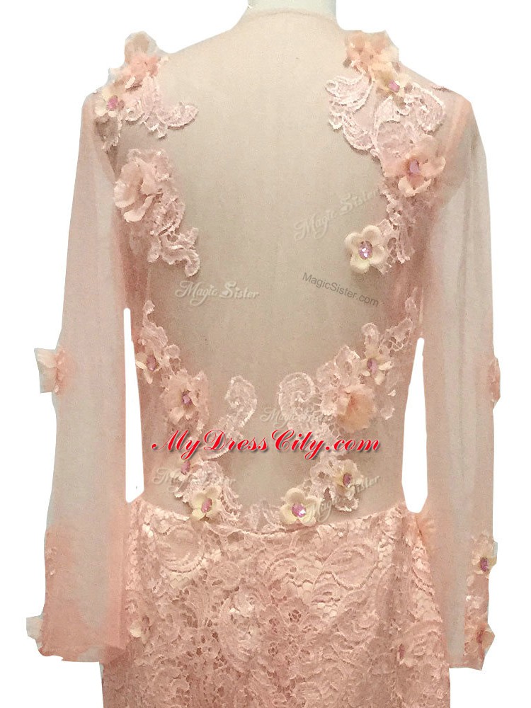 Amazing Peach Column/Sheath Beading and Hand Made Flower Mother of Bride Dresses Side Zipper Tulle Long Sleeves