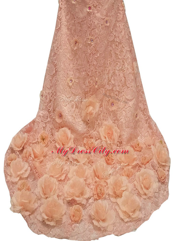 Amazing Peach Column/Sheath Beading and Hand Made Flower Mother of Bride Dresses Side Zipper Tulle Long Sleeves