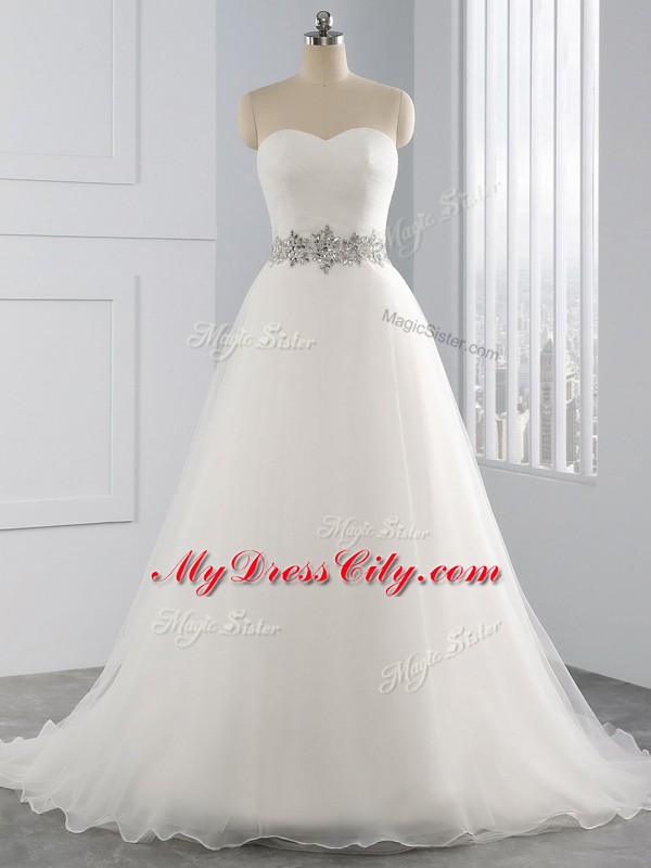 White Wedding Gowns Organza Brush Train Sleeveless Beading