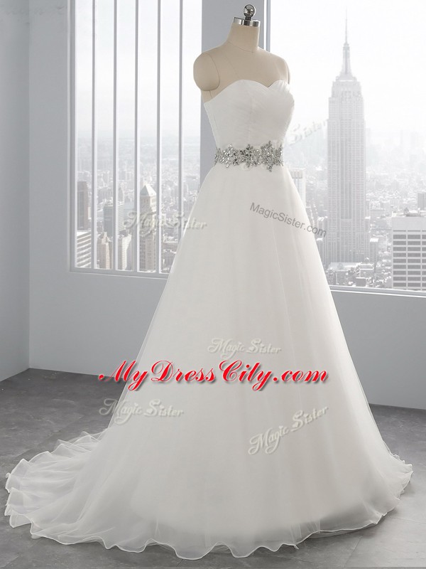 White Wedding Gowns Organza Brush Train Sleeveless Beading