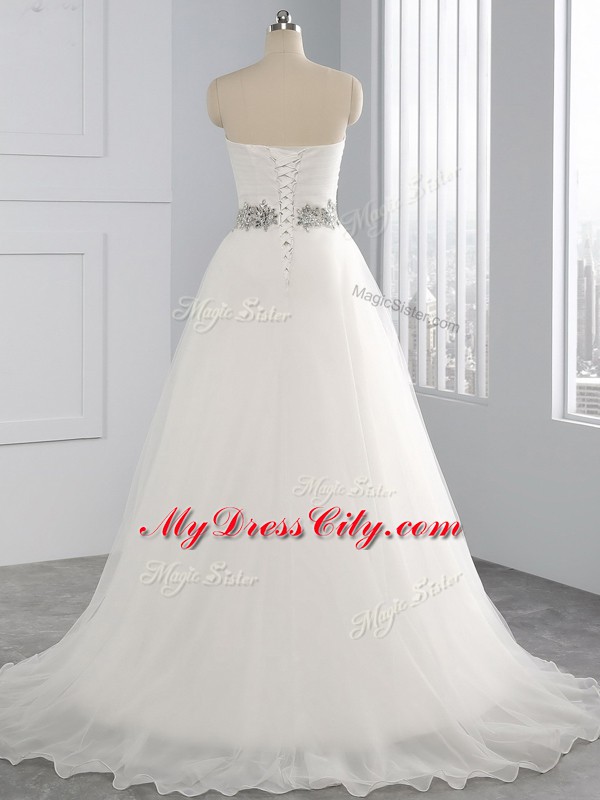 White Wedding Gowns Organza Brush Train Sleeveless Beading