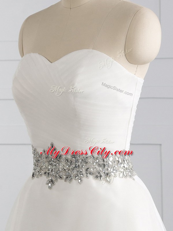 White Wedding Gowns Organza Brush Train Sleeveless Beading