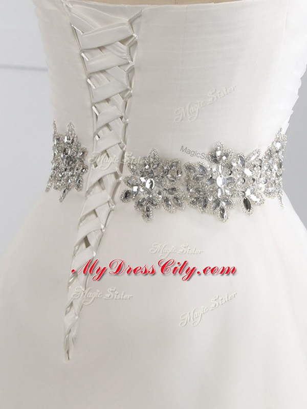 White Wedding Gowns Organza Brush Train Sleeveless Beading