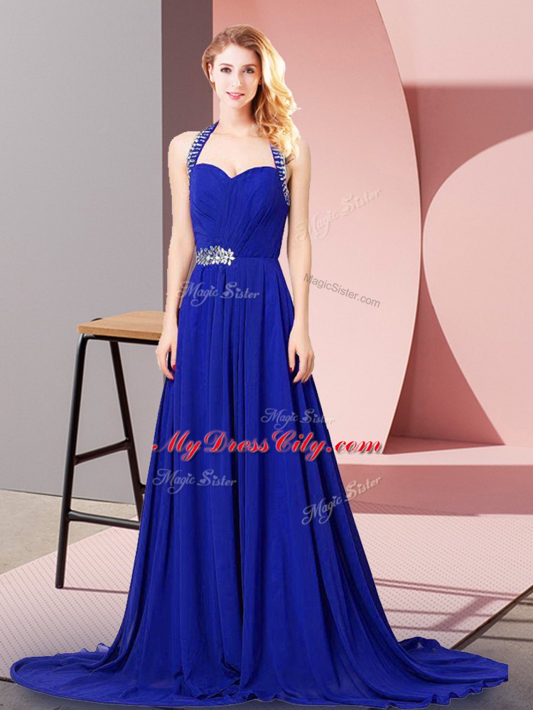 Royal Blue Halter Top Zipper Beading and Ruching Homecoming Dress Online Sleeveless