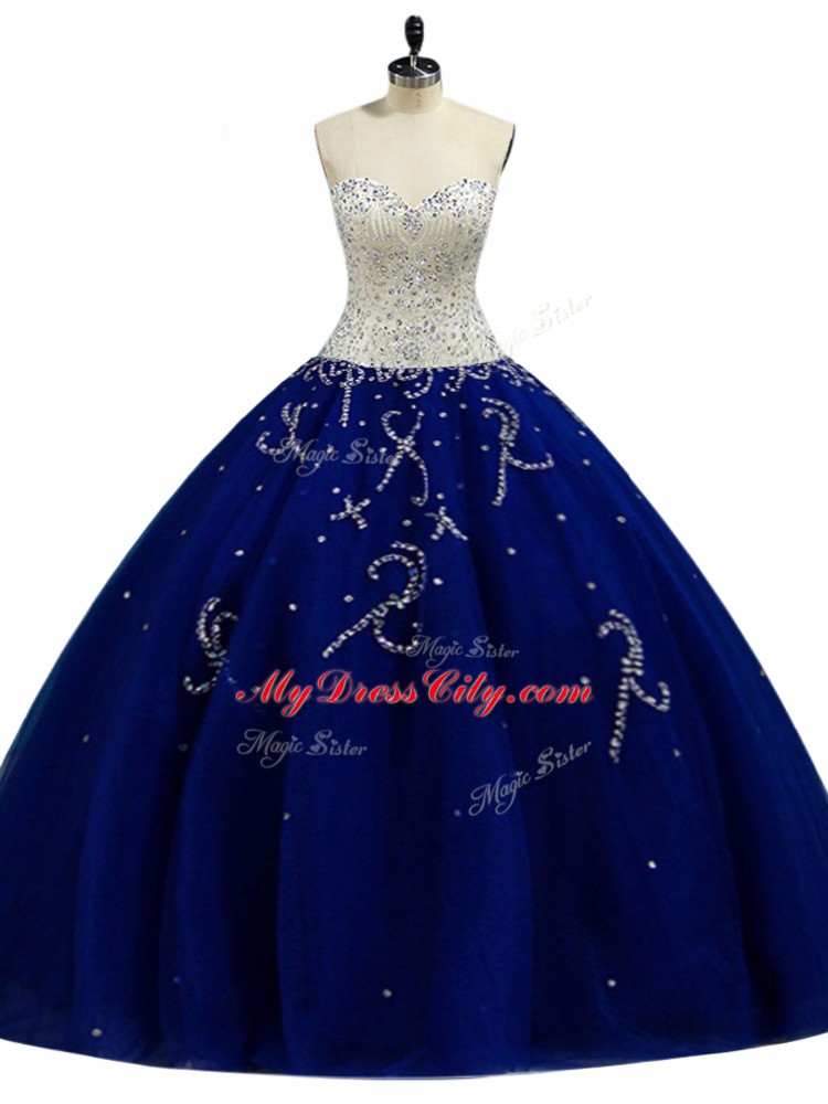 Royal Blue Tulle Lace Up Sweet 16 Dresses Sleeveless Floor Length Beading