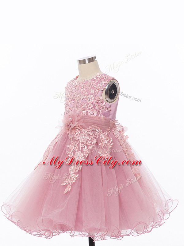 Pink Tulle Zipper Scoop Sleeveless Knee Length Flower Girl Dresses for Less Appliques and Hand Made Flower