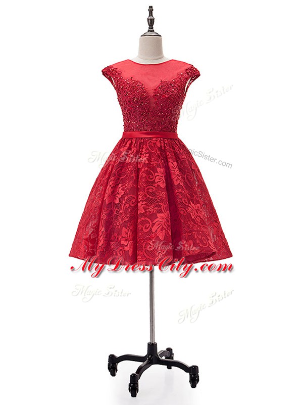 Pretty Beading and Appliques Prom Evening Gown Red Lace Up Sleeveless Mini Length