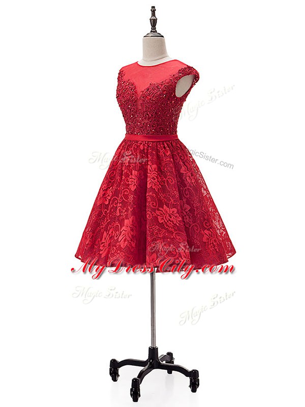 Pretty Beading and Appliques Prom Evening Gown Red Lace Up Sleeveless Mini Length