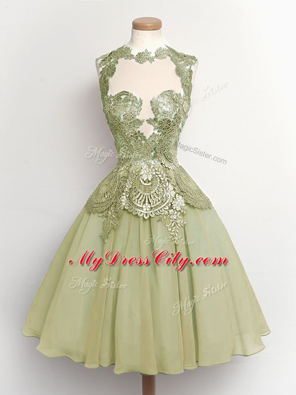 Unique Sleeveless Chiffon Knee Length Lace Up Bridesmaids Dress in Olive Green with Lace