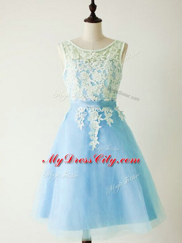 Scoop Sleeveless Court Dresses for Sweet 16 Knee Length Lace Light Blue Tulle