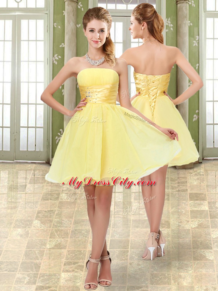 Mini Length Yellow Prom Party Dress Organza Sleeveless Beading and Ruching