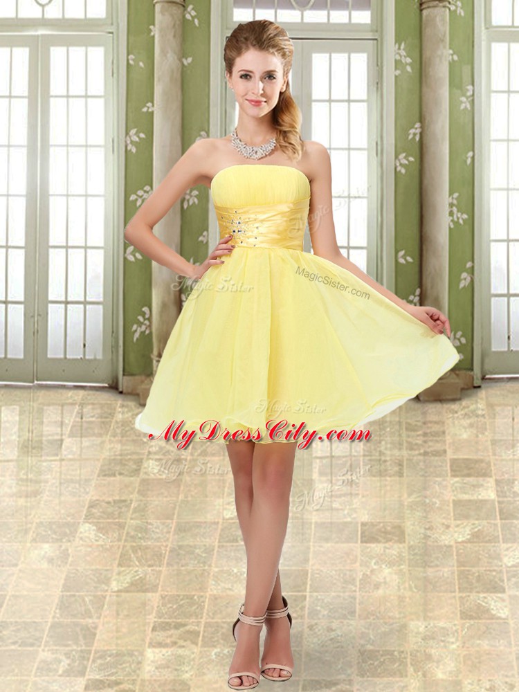 Mini Length Yellow Prom Party Dress Organza Sleeveless Beading and Ruching