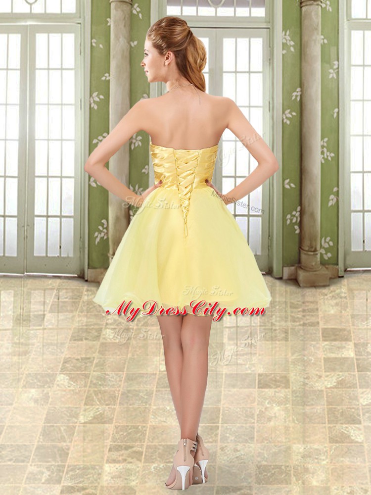 Mini Length Yellow Prom Party Dress Organza Sleeveless Beading and Ruching