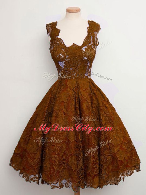 High End Sleeveless Knee Length Lace Lace Up Wedding Party Dress with Brown