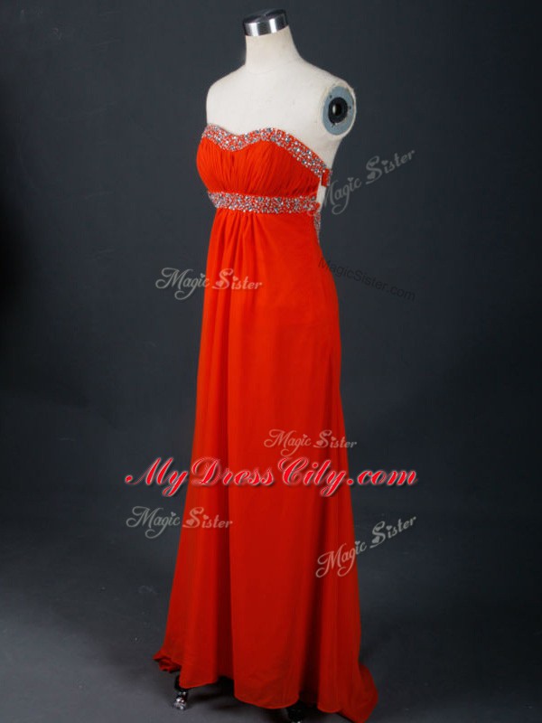 Floor Length Coral Red Prom Evening Gown Strapless Sleeveless Backless