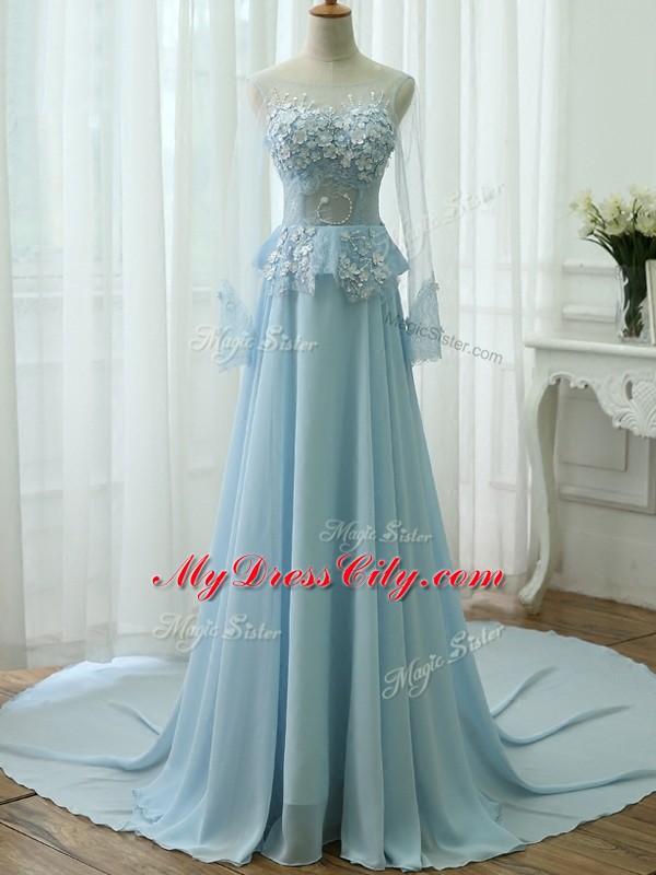 Artistic Scoop Long Sleeves Zipper Prom Gown Light Blue Chiffon