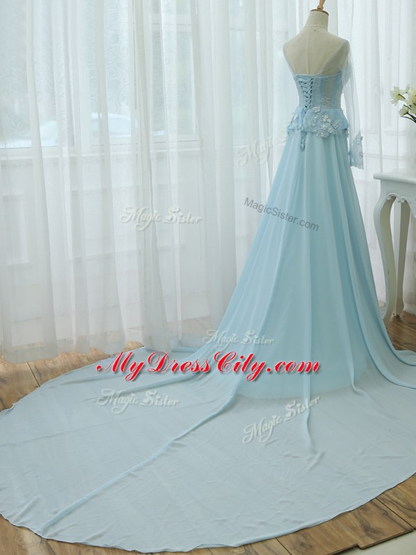 Artistic Scoop Long Sleeves Zipper Prom Gown Light Blue Chiffon