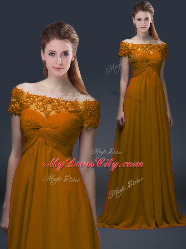 Glamorous Short Sleeves Floor Length Appliques Lace Up Mother of the Bride Dress with Brown