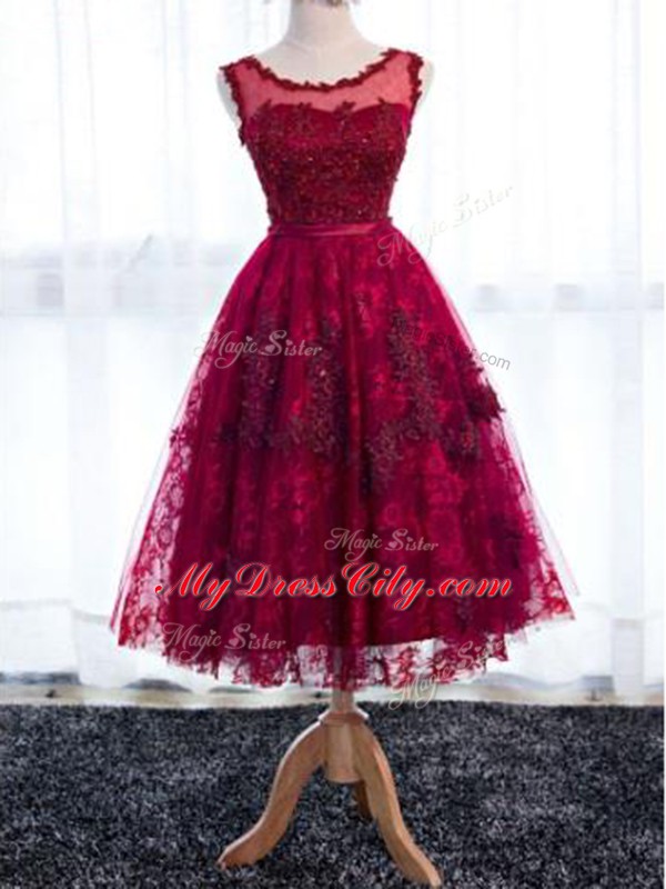 New Style Fuchsia Scoop Neckline Lace Damas Dress Sleeveless Zipper