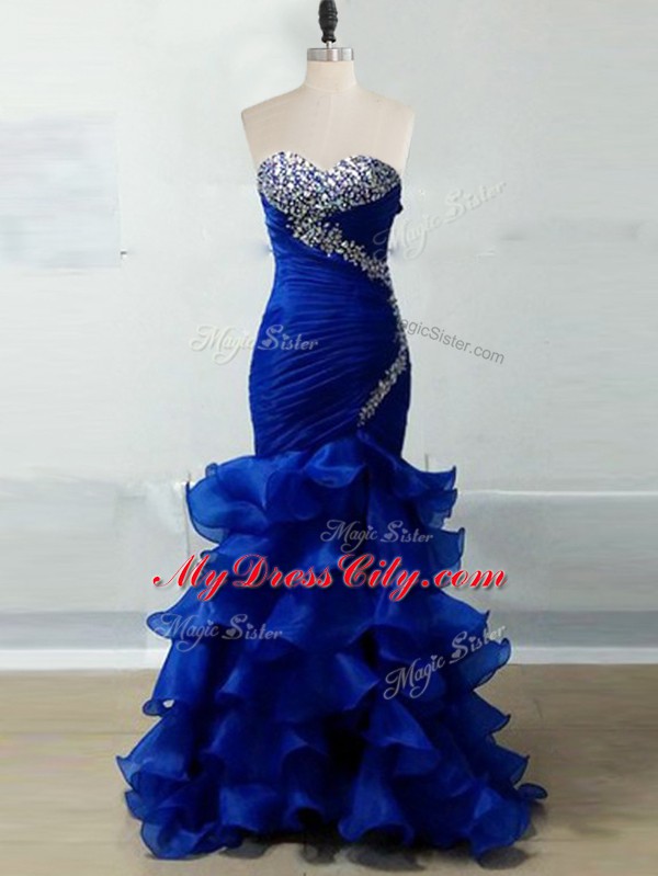 Royal Blue Mermaid Beading and Ruffles and Ruching Evening Dresses Zipper Organza Sleeveless Floor Length