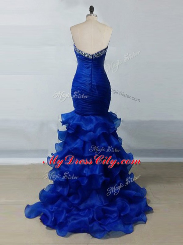 Royal Blue Mermaid Beading and Ruffles and Ruching Evening Dresses Zipper Organza Sleeveless Floor Length