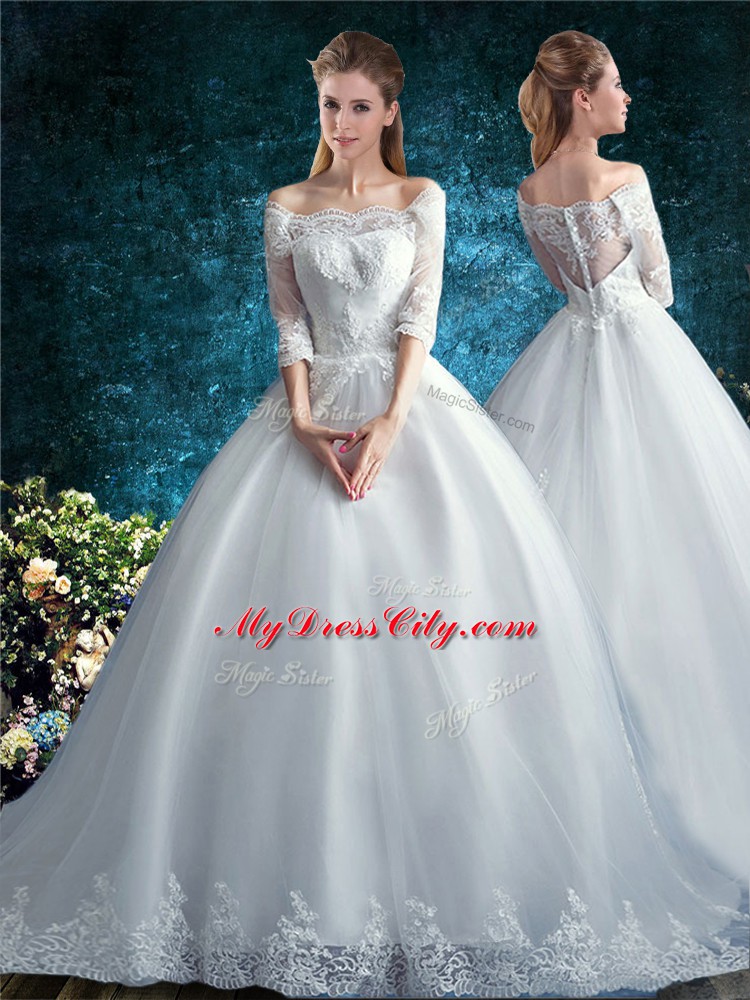 New Arrival White Half Sleeves Court Train Lace Wedding Dresses