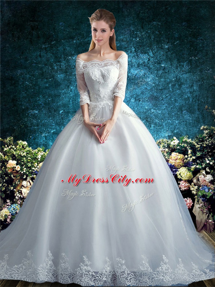 New Arrival White Half Sleeves Court Train Lace Wedding Dresses