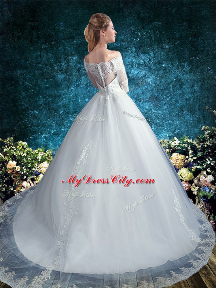 New Arrival White Half Sleeves Court Train Lace Wedding Dresses