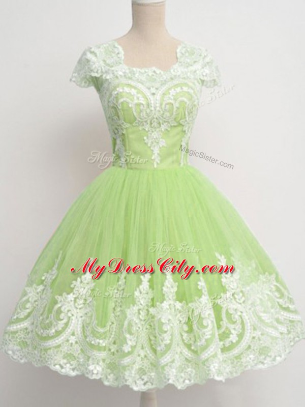 Cap Sleeves Knee Length Lace Zipper Wedding Party Dress with Yellow Green