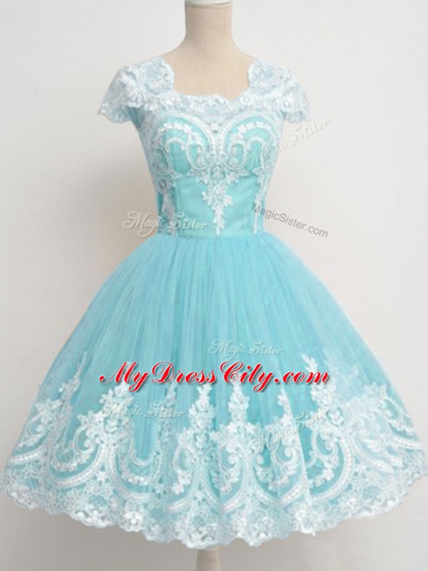 Aqua Blue Zipper Square Lace Court Dresses for Sweet 16 Tulle Cap Sleeves