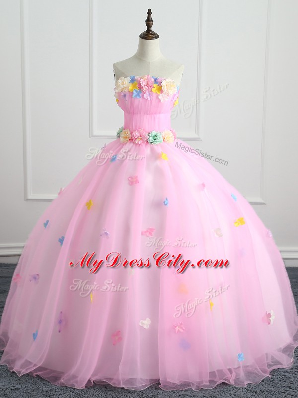 Vintage Pink Ball Gowns Appliques and Hand Made Flower Vestidos de Quinceanera Lace Up Organza Sleeveless Floor Length