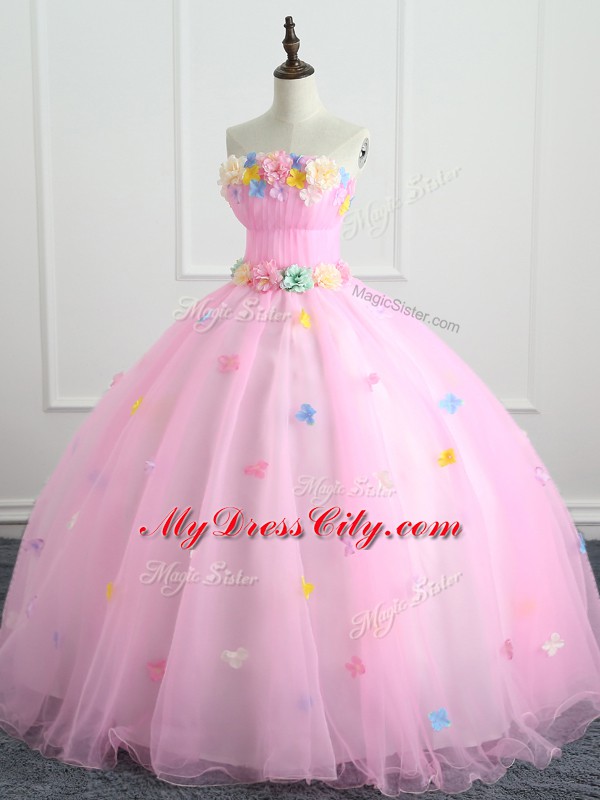 Vintage Pink Ball Gowns Appliques and Hand Made Flower Vestidos de Quinceanera Lace Up Organza Sleeveless Floor Length