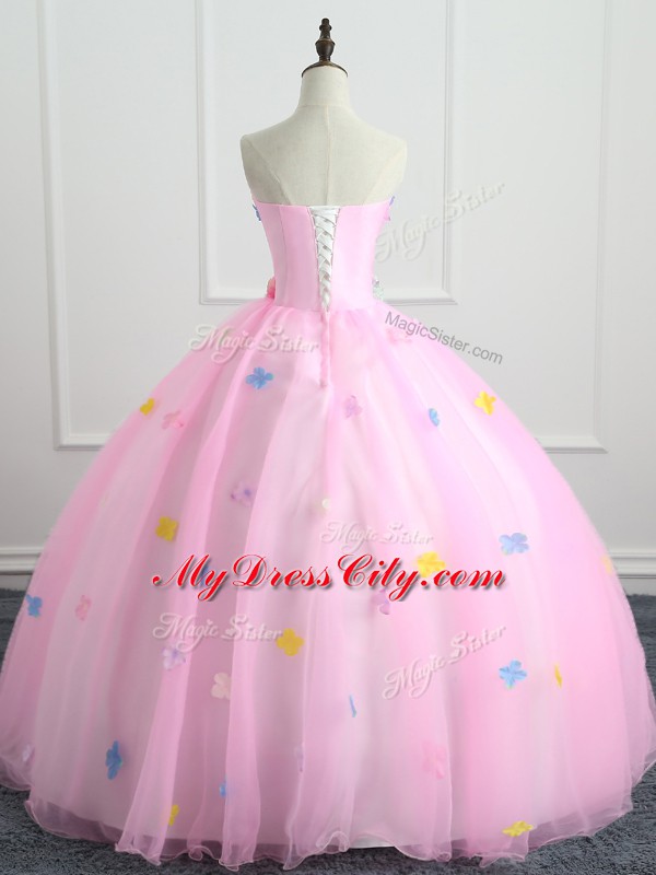 Vintage Pink Ball Gowns Appliques and Hand Made Flower Vestidos de Quinceanera Lace Up Organza Sleeveless Floor Length