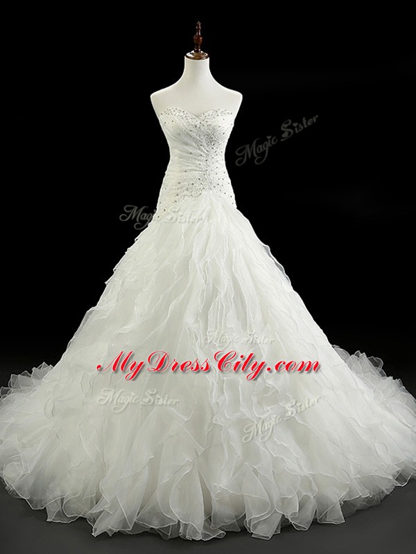 Captivating Sleeveless Court Train Lace Up Beading and Ruffles Bridal Gown