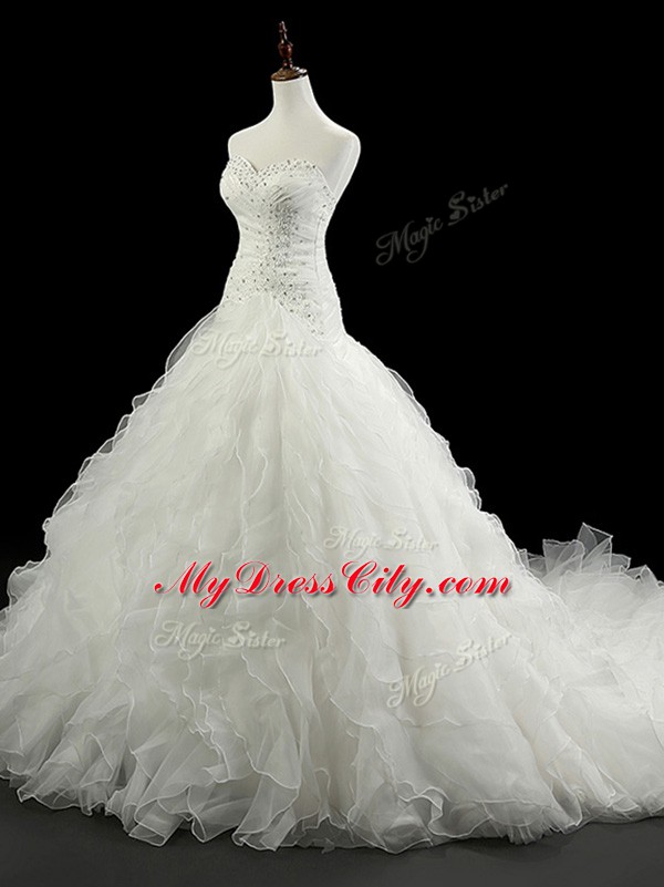 Captivating Sleeveless Court Train Lace Up Beading and Ruffles Bridal Gown