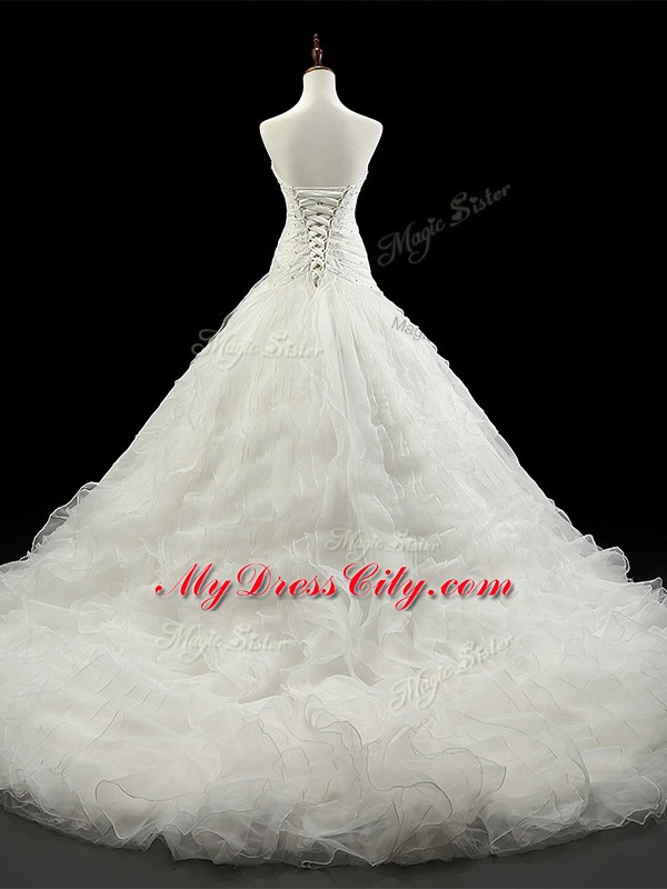 Captivating Sleeveless Court Train Lace Up Beading and Ruffles Bridal Gown